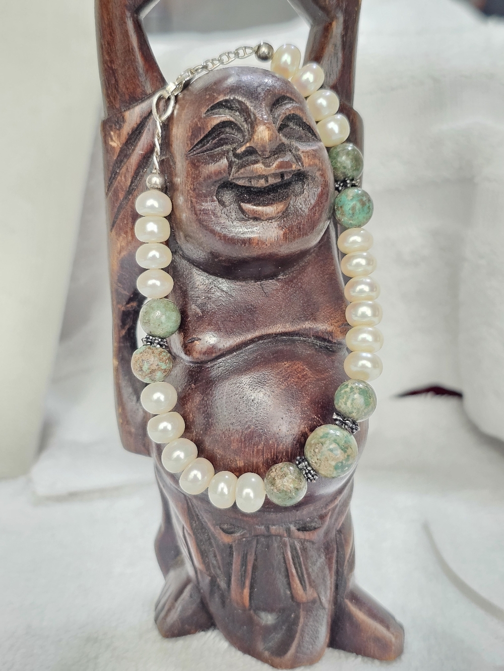 Freshwater Pearls and Kambaba Jasper Bead Bracelet Adjustable up to 7 3/4 Inches - Picture 5 of 8
